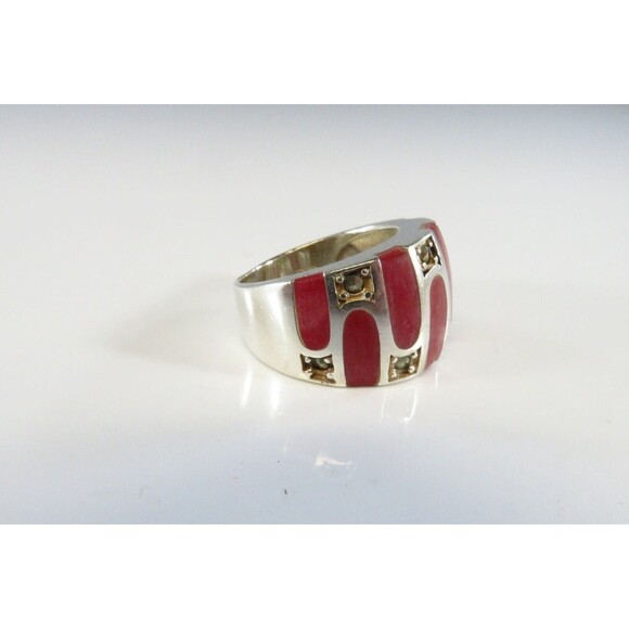 Marcasite and Inlaid Dyed Red Resin Sterling Silver Band Ring Size 6.5 - Picture 3 of 7